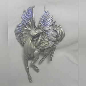 JJ JONETTE Stamped Pewter Pegasus Brooch Pin w/ Purple Glitter Accents